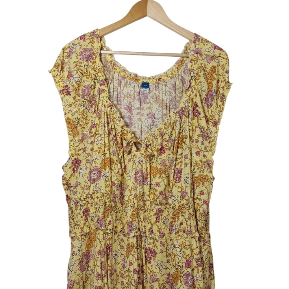 Old Navy Waist-Defined Short-Sleeve Printed Maxi Dress Yellow/Pink Floral XXL - Picture 4 of 10